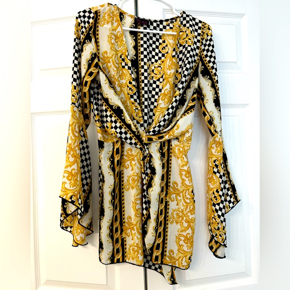 Hot Miami styles low cut long sleeve mini dress Versace print